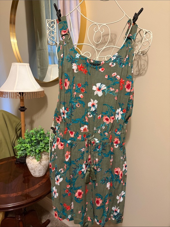 Derek Heart Pants - Derek Heart Olive Green Floral Romper with Red, White & Teal Flowers